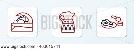 Set Line Churros And Chocolate, Concert Hall De Tenerife And Sangria Pitcher Icon. Vector
