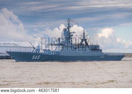 Russia. Kronstadt. July 31, 2022. A Military Corvette On The Parade Of The Navy.