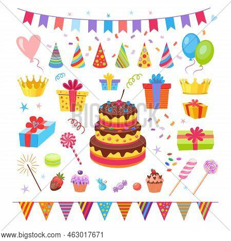 Cute Birthday Party Elements Vector Illustrations Set. Cake, Cupcakes, Confetti, Balloons, Paper Par