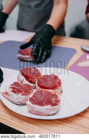 Cooking Minion Steak At A Cooking Class. Homemade Food.
