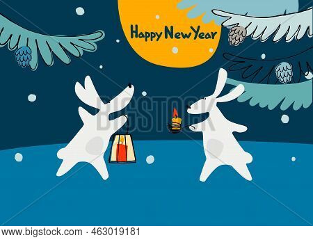 New Year Greeting Card With Water Rabbit, Zodiac Animal For 2023 In The Night Forest And Hand-letter