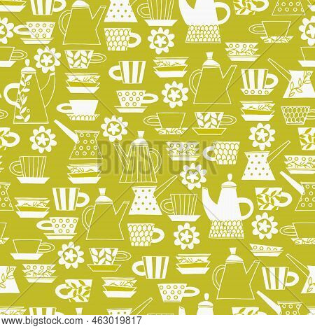 Seamless Pattern. Hand Drawn Fika Cups Decorated With Patterns In Scandinavian Style