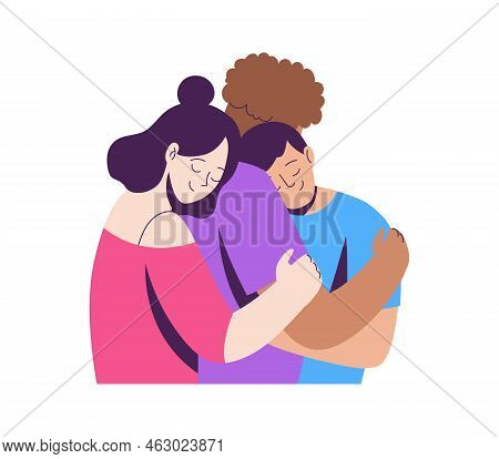 Three Diversity Characters Hug. Polyamory Concept. 2 Guys, 1 Girl. Notions Of Polygamy, Open Intimat