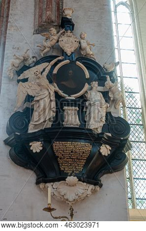 Germany, Lubeck - July 13, 2022: Marienkirche. Closeup Of Gotthard-kerkring Epitaph, White Sculpture