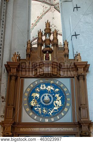 Germany, Lubeck - July 13, 2022: Marienkirche. Closeup Of Blue-golden Top Half Of Astronomical Clock