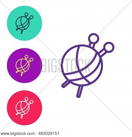 Set Line Yarn Ball With Knitting Needles Icon Isolated On White Background. Label For Hand Made, Kni