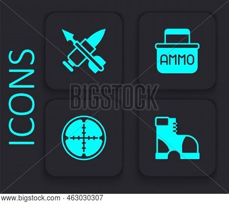 Set Hunter Boots, Crossed Bullet With Arrow, Ammunition Box And Sniper Optical Sight Icon. Black Squ