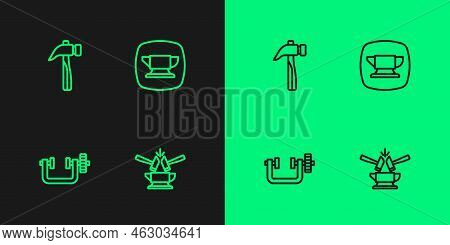 Set Line Anvil And Hammer, Clamp Screw Tool, Hammer And Blacksmith Anvil Icon. Vector