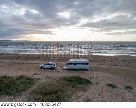 Caravan Campig Sunset Beautiful Landscape Beach Sand Dunes Near Melbystrand Laholm Sweden Coast Outd