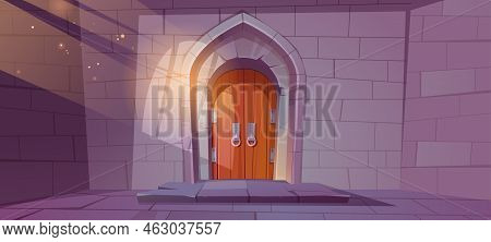 Medieval Dungeon Or Castle Interior With Wooden Arched Door And Wall Of Stone Bricks, Entry To Palac