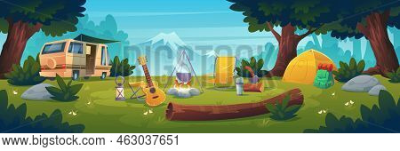 Summer Camp At Day Time. Rv Caravan Stand At Campfire With Pot, Tent, Log, Cauldron And Guitar On Mo