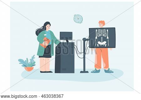 Male Cartoon Character Getting X-ray At Clinic. Radiologist Making Diagnosis Flat Vector Illustratio