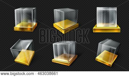 Plastic Or Glass Cube On Gold Base Various Angle View. Clear Square Box, Crystal Block, Aquarium Or 