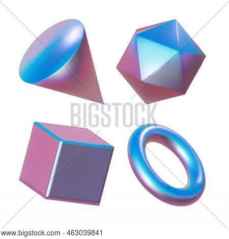 3d Pink Metal Neon Gradient Shapes Render. Vector Abstract Element Set Of Shere And Ball, Cube And C