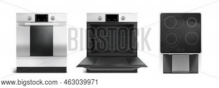 Electric Stove, Induction Cooking Panel With Oven Front And Top View. Vector Realistic Set Of Kitche
