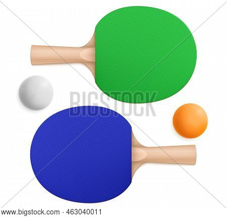 Ping Pong Rackets And Balls, Table Tennis Equipment Isolated On White Background. Vector Realistic S