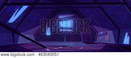 Old Attic In Abandoned House At Night. Vector Cartoon Interior Of Garret Room With Broken Roof, Wall
