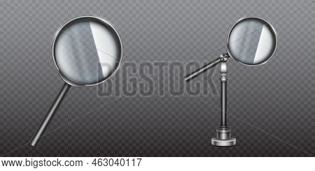 Magnifying Glass In Metal Rim And Handle Or Holder. Science Tool With Lens, Magnify Instrument Optic