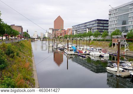 Duisburg, Germany - June 10, 2022: Inner Harbor Of Duisburg With The Buildings Of Mitsubishi, Hitach