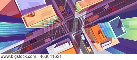 City Street Top View With Buildings, Crossroad And Cars. Urban Architecture And Infrastructure With 