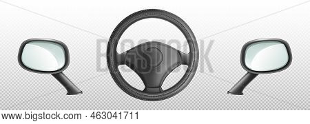 Car Steering Wheel And Side Rear View Mirrors, Helm And Glasses Automobile Parts. Classic Auto Detai
