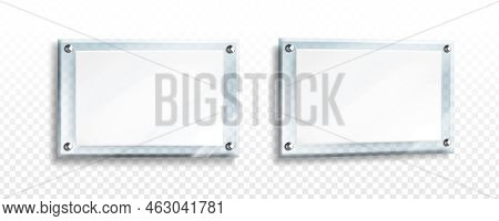 White Poster In Glass Or Acrylic Frame With Steel Bolts In Front And Perspective View. Vector Realis