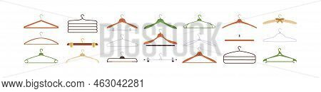 Clothes Hangers Set. Empty Accessories With Hooks From Metal Wire, Wood, Plastic, Vinyl For Hanging 