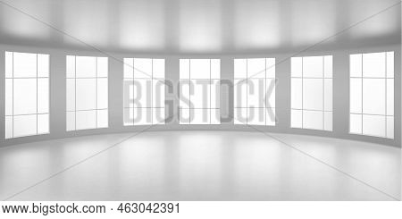Empty Round Room, Office With Large Windows, White Ceiling And Floor. Internal Interior Structure Of