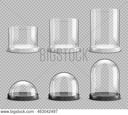 Realistic Glass Domes And Cylinders, Christmas Snow Globe Souvenirs, Isolated Crystal Semisphere Con