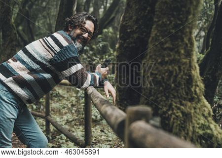 One Happy Man Smiling Looking On Camera. People Enjoying Nature In Outdoor Leisure Activity. Tourist
