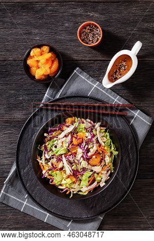 Chinese Chicken Salad With Shredded Chicken Meat, Mandarin Oranges, Crunchy Noodles, Red Cabbage, Na