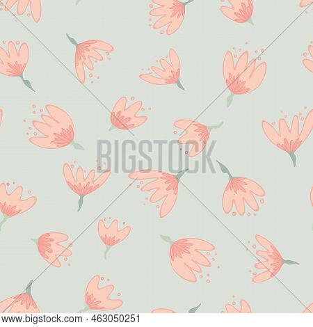 Pink Abstract Flower Heds. Hand Drawn Plants On Pale Background. Doodle Elements And Dots. Vector Ba