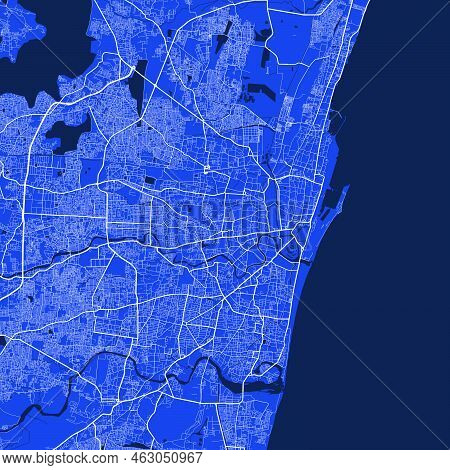 Detailed Map Poster Of Chennai City Administrative Area. Blue Skyline Panorama. Decorative Graphic T
