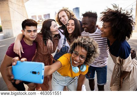 Group Of Happy Young People Taking Selfie Portrait Together On Summer Vacation - Cheerful Multiracia