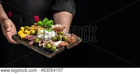 Antipasto Board Platter With Spanish Ham Jamon Serrano Or Italian Prosciutto Crudo, Italian Hard Che
