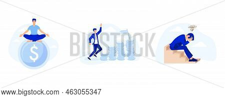 Smart Businessman Meditate And Floating On Big Golden Money Dollar Coin, Begin Savings To Achieve Fi