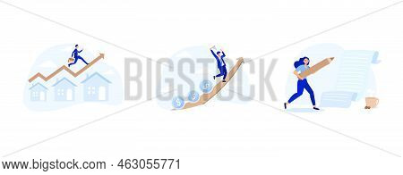 Real Estate Or Property Growth Concept, Fund Manager Holding Flag Lead Money Coins Running Up Rising