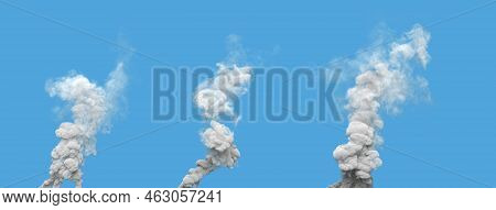 3 Grey Carbon Dioxide Smoke Columns From Wildfire On Blue, Isolated - Industrial 3d Rendering