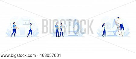 Characters Give Urine Test In Clinical Laboratory Landing Page Template Set. Tiny Doctors At Huge Mi