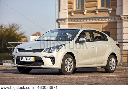Berlin - October 2021: Grey Metallic Sedan Car 2017 Kia Rio Iv Sedan Yb Fourth Generation Left Side 