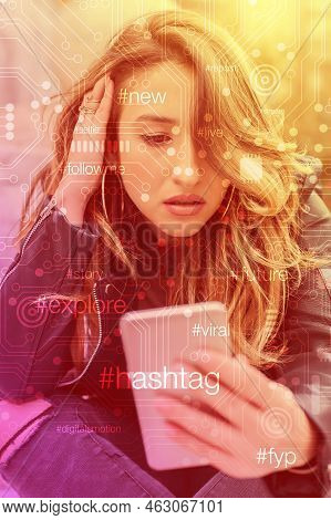 Woman Sitting On City Street, Typing Message, Chatting And Surfing On Smartphone. Internet And Socia