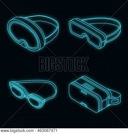 Goggles Icon Set. Isometric Set Of Goggles Vector Icons Neon On Black