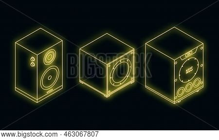 Stereo System Icons Set. Isometric Set Of Stereo System Vector Icons Neon On Black