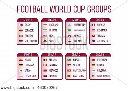 World Football 2022 Groups And Flags Set. Flags Of The Countries Participating In The World Soccer C