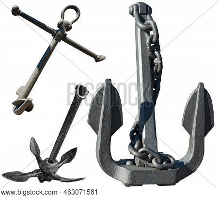 Three Old Anchors (folding Grapnel Anchor), Isolated On White Background, Photography.