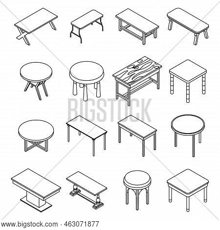 Table Icons Set. Isometric Set Of Table Vector Icons Thin Line Outline On White Isolated