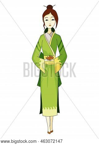 Japanese Girl Standing In Kimono. Women In Traditional Style Costume. Full Length Portrait Of Typica