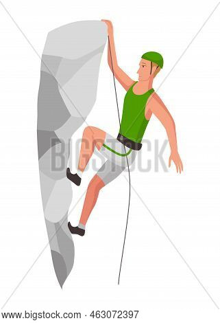 Mountain Climbing Person. Climber Men On Rock Mountain With Equipment. Extreme Outdoor Sports. Man O