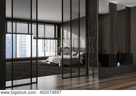 Dark Hotel Studio Interior With Bedroom Behind Glass Doors And Double Sink, Side View. Panoramic Win