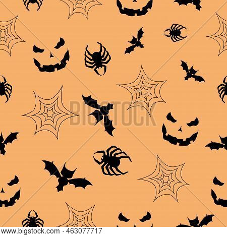 Halloween Seamless Pattern With Bats, Pumpkin Face, Spiders And Web For Gift Covers, Prints, Backgro
